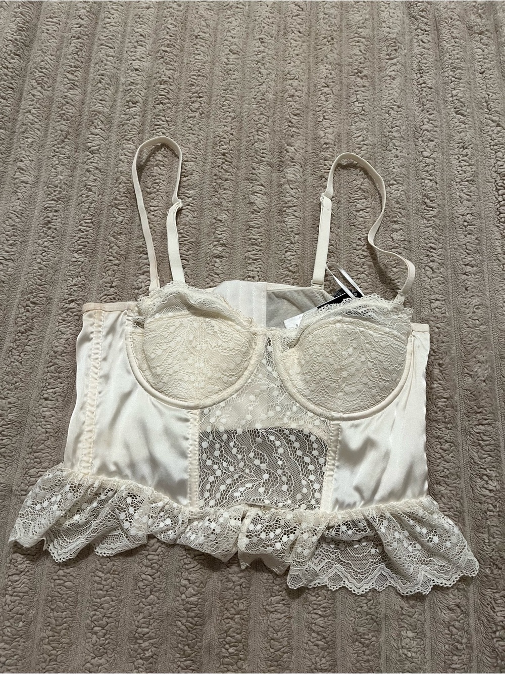 Ladies Lace Satin Bustier Crop Top - Ivory